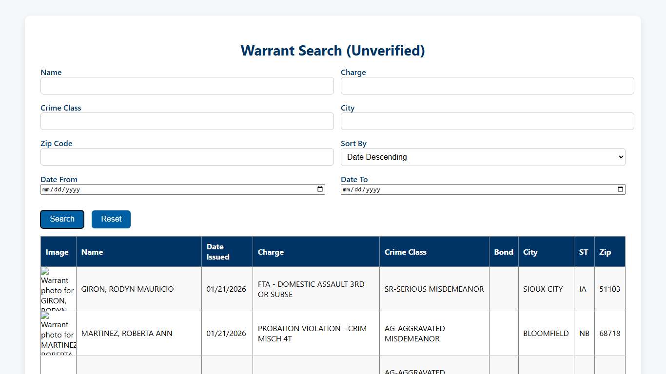 Woodbury County Warrant Search