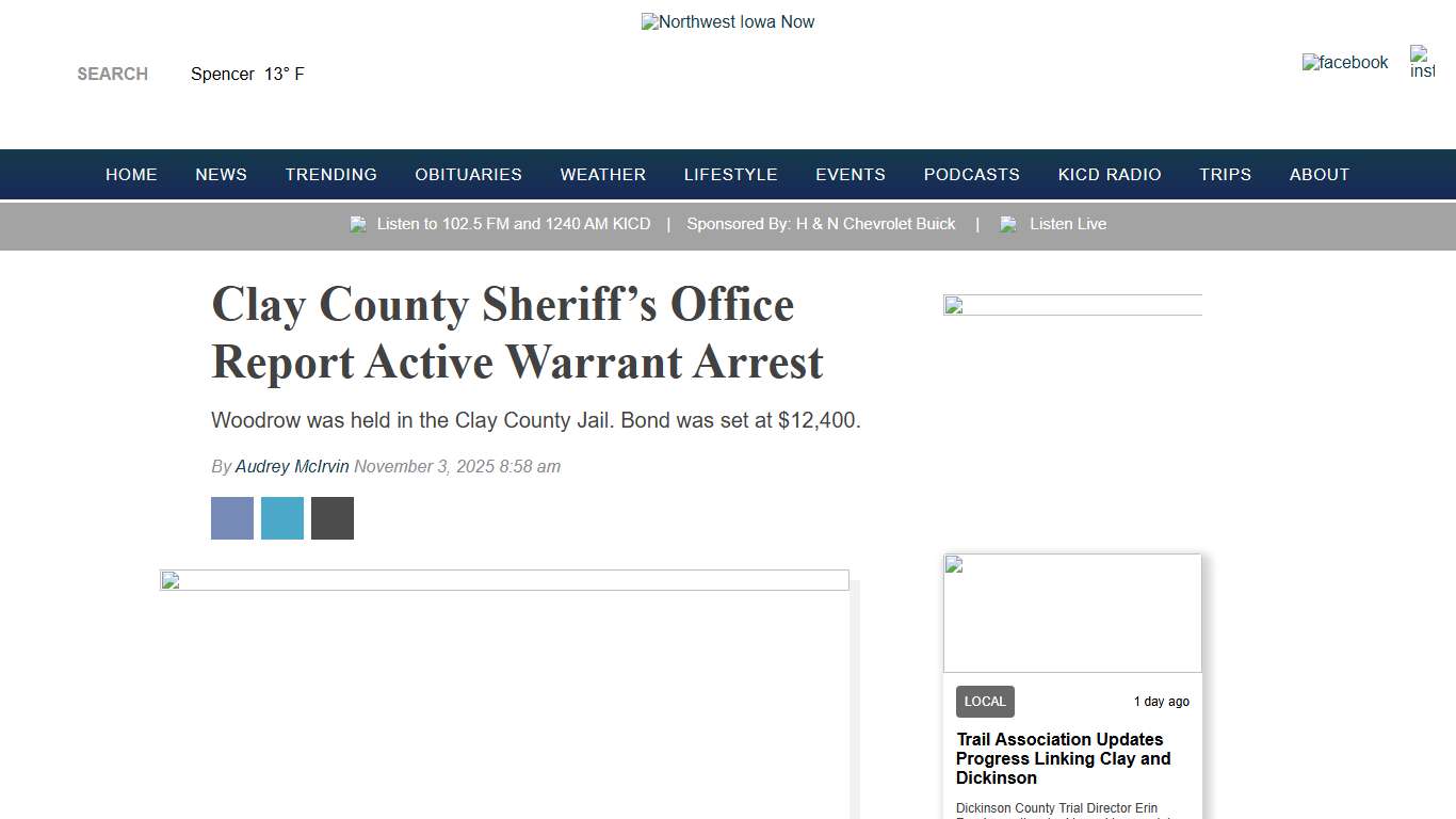 Clay County Sheriff’s Office Report Active Warrant Arrest - Northwest Iowa Now